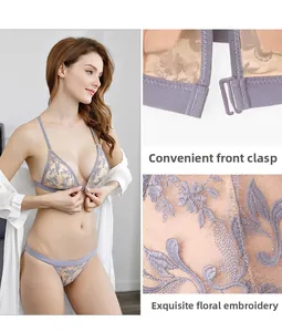 Detail of purple lace bra with front clasp and exquisite floral embroidery details