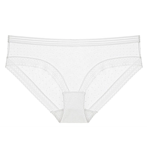 Détail de culotte en mesh blanc à pois avec dentelle et taille élastique rayée
