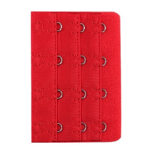 Detailed view of red 4-row 3-hook bra extender with durable metallic hook and eye closures