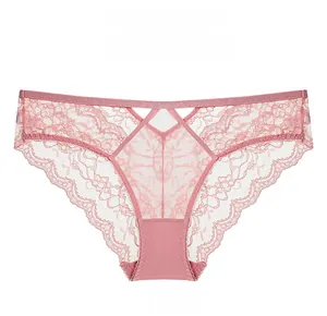 Detailed close-up of pink lace panties with V-shaped cutout and floral mesh texture
