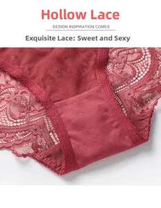 Detailed view of the dark red floral lace texture and intricate mesh sewing of the panties