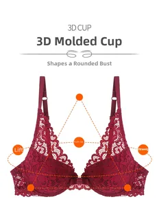 Close-up of wine red lace bra with 3D cups showing lifting and gathering effects
