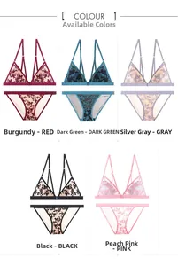 Lace lingerie sets in five colors: burgundy, dark green, silver gray, black, and peach pink