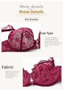 Détails de ce soutien-gorge en dentelle rouge foncé avec bonnets 3/4 et maille fine