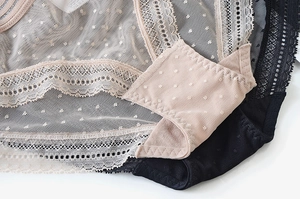 Gros plan de culottes en maille transparente avec pois délicats, dentelle et gousset coton