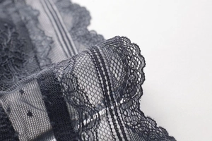 Close-up of intricate black lace fabric with hollow mesh patterns and delicate polka dots