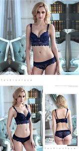 Detailed views of navy blue floral lace lingerie set with push-up bra and sheer panties