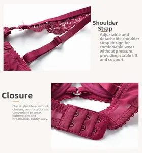 Détails du soutien-gorge en dentelle bordeaux avec bretelles réglables et agrafage