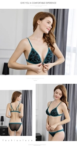 Detailed views of dark green lace triangle bralette with front closure and Y-back straps