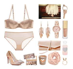 Flat lay of nude lace lingerie set with matching heels, makeup and elegant accessories