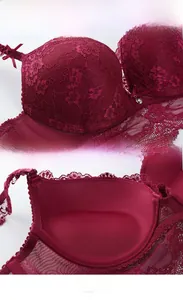 Detailed macro view of burgundy lace bra cups with delicate floral patterns and bow