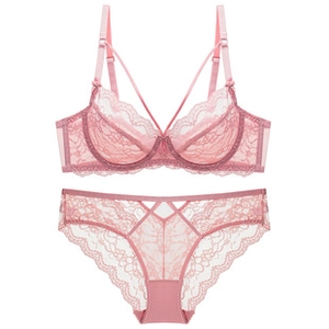 Detailed flat lay of a pink lace lingerie set with wired bra and matching panties