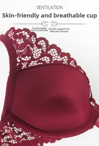 Detail of breathable inner cup and burgundy lace on thin minimalist lace bra