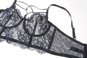 Lace bra set with floral patterns, cross straps and breathable mesh in dark blue