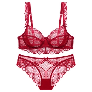 Close-up of elegant red floral lace lingerie set with fine embroidery and bow detail