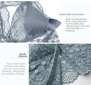 Détails du soutien-gorge en dentelle bleue avec boucle avant à huit rangs et coussinets