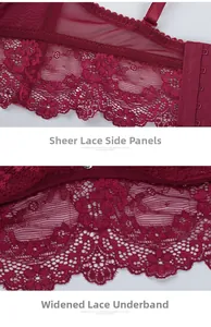 Close-up of wine red lace bra featuring sheer side wings and a widened floral underband