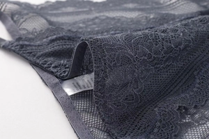Detail of grey lace triangle bra fabric with mesh patterns and material labels