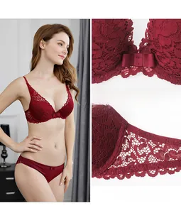 Detailed view of red lace bra featuring a center bow and intricate floral mesh wings