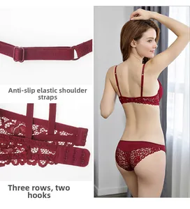 Detail of red lace bra with non-slip elastic shoulder straps and three rows and two hooks