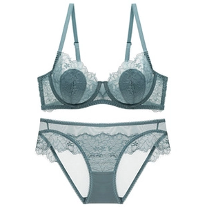 Detailed close-up of teal lace lingerie set featuring underwire bra and scalloped panties