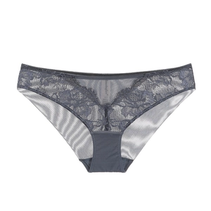 Detail of dark gray lace panty with silk texture and scallop trim on white background