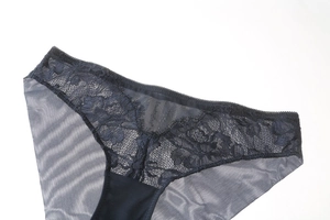 Detailed close-up of dark blue lace floral patterns and sheer mesh fabric on panties