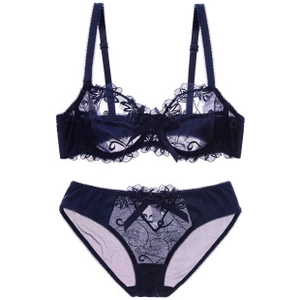 Detail of dark blue lace lingerie set with floral embroidery and bow accents