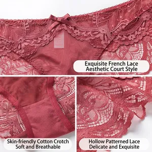 Sexy wine red lace panties for women with breathable cotton crotch and bow detail