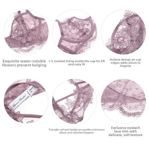 Dettaglio del set di lingerie in pizzo viola con ricami floreali e finiture a ciglia