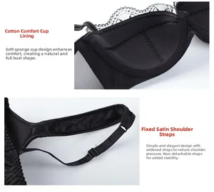 Detail of comfortable cotton lining and wide satin straps on a black lace bra