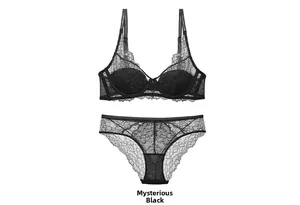 Detail of mysterious black floral lace bra set with thin straps and matching underwear