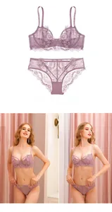 Dettaglio del set di lingerie in pizzo grigio-viola con ricamo e tessuto mesh