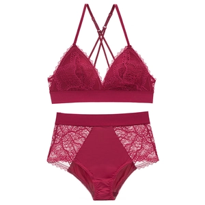 Ensemble de lingerie en dentelle rouge vin de style français avec bonnets triangles