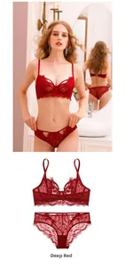 Dettaglio elegante set lingerie rosso intenso in pizzo floreale trasparente e spalline