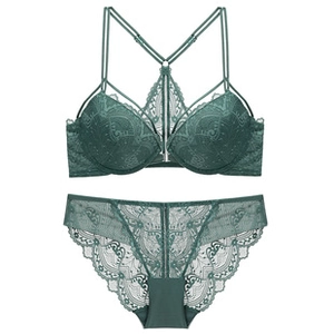 Detailed close-up of dark teal lace lingerie set featuring floral patterns and dual straps