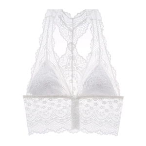 Elegant white lace racerback bralette with delicate floral embroidery and non-wired padding