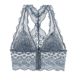 Elegant light blue lace bralette with racerback design and floral scalloped edges