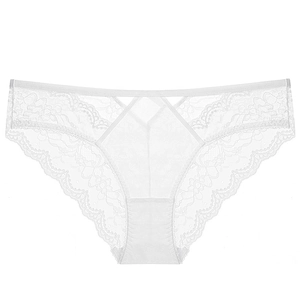 Elegant white lace women's panties with breathable sheer mesh and scalloped edges