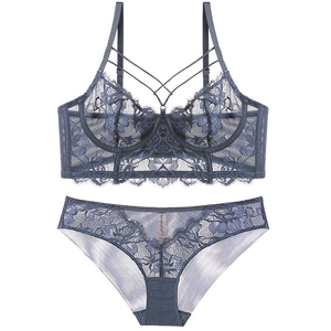 Greyish blue lace lingerie set with caged cross straps and eyelash lace trim