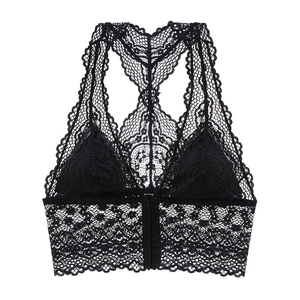 Elegant black lace triangle bralette with intricate floral patterns and racerback design
