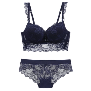 Lace push up bra and panty set in deep blue with floral patterns and bow details