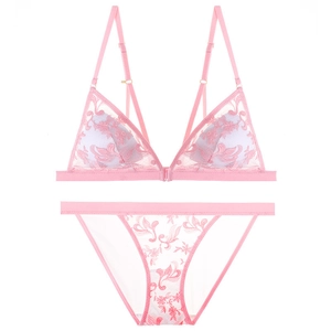 Pink lace lingerie set with front-closure triangle bra and floral embroidery details