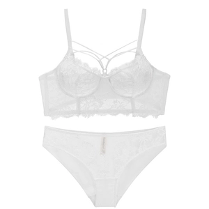Elegant white lace lingerie set featuring a strappy bra and matching panties with floral patterns
