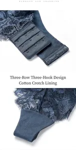 Detail of three-row hook closure and cotton crotch on blue lace bodysuit