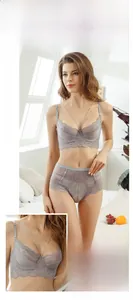 Close-up of lilac lace lingerie set featuring a 3/4 cup bra and high-waist panties