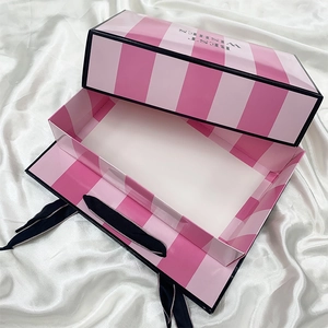 Pink striped gift box with Best Wishes text and black ribbon handles for premium packaging
