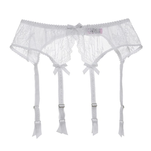 Sexy white lace garter belt with adjustable straps and bow knots on white background