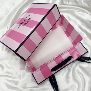 Pink striped rectangular gift box with Best Wishes text and black ribbon handles