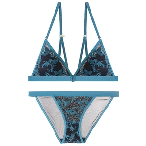 Peacock blue lace lingerie set with floral embroidery and triangle bralette design